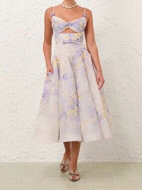 Zimmermann Floral Midi Dress Size 0 Silk Linen Belted Cutout Fit & Flare